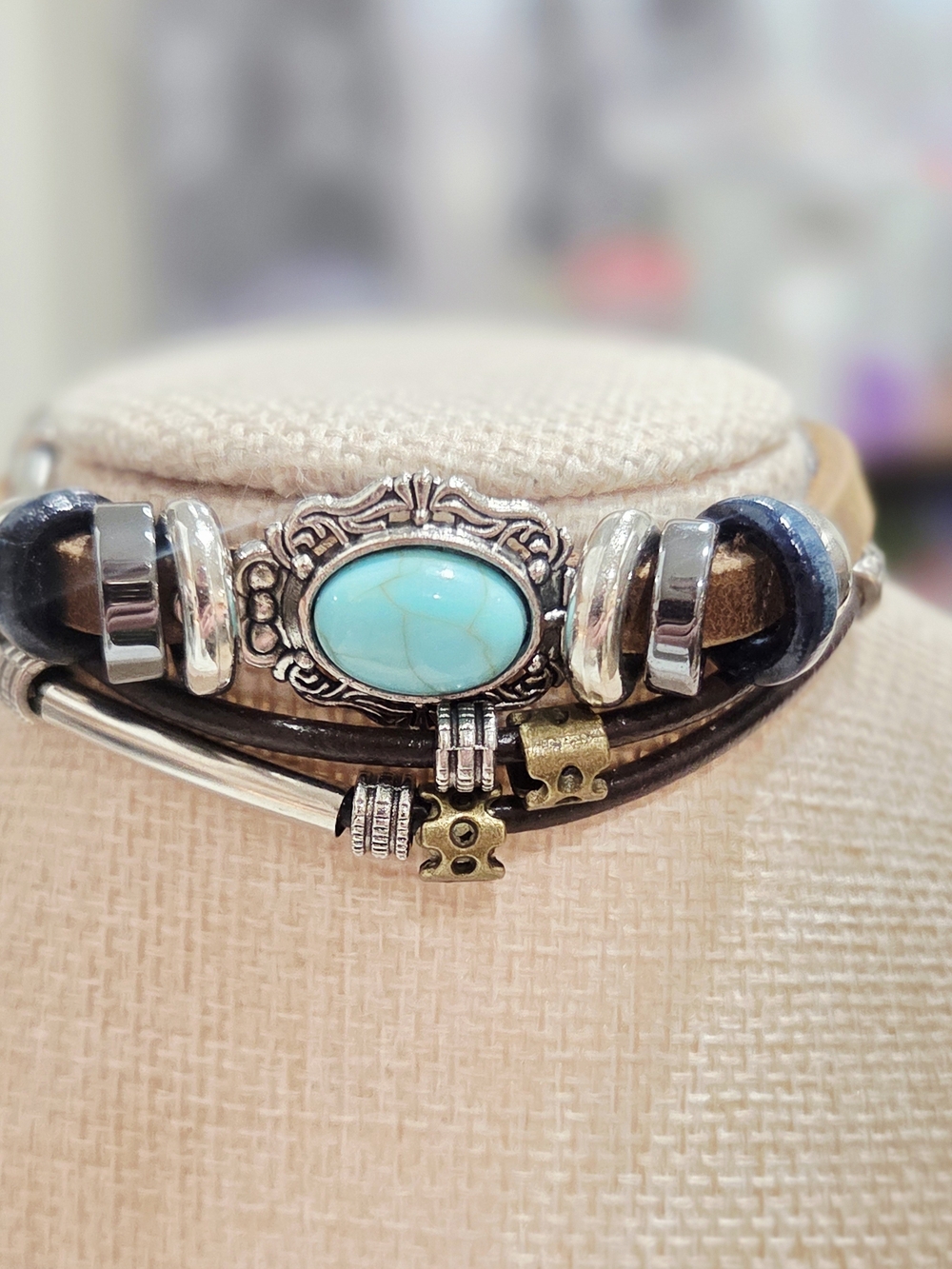 Turquoise Stone Multi-Strand Leather Bracelet - Women Jewelry